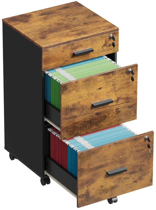 Main image of 3 Drawer File Cabinet with Lock & Wheels, Wood Printer Stand Mobile Filing Cabinet Fits Letter/A4 Size; Rustic Brown Wood Printer Stand Keeps Home Office Files Secure And Organized