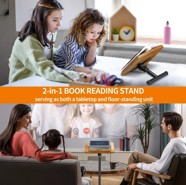 Alt view image 2 of 6 - 2-in-1 Dual-use Floor & Desktop Book Stand, 100% Solid Wood, Height Adjustable from 16.5" to 51", Floor Reading Stand with Page Clip for Cookbooks, Sheet Music, Projector (with a T-Shaped)