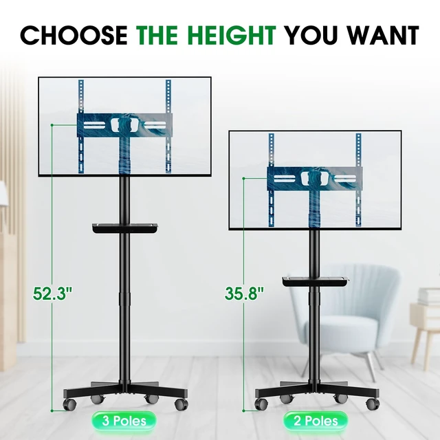 Alt view image 3 of 7 - Rolling TV Stand, Portable TV Cart with Wheels/Shelf for 23-60 Inch, Black Tilt/Height Adjustable Mobile TV Stand Up to 88lbs, Movable TV Stand for Bedroom, Living Room, Outdoor, Max VESA 400x400mm
