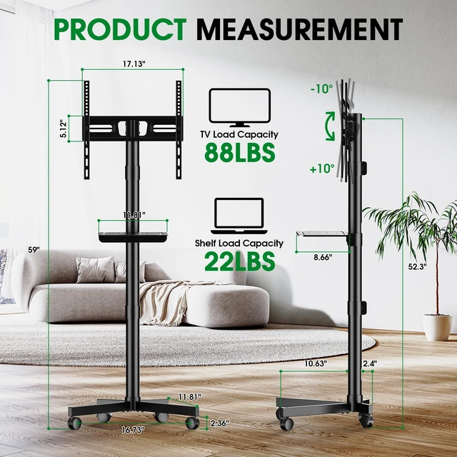 Alt view image 2 of 7 - Rolling TV Stand, Portable TV Cart with Wheels/Shelf for 23-60 Inch, Black Tilt/Height Adjustable Mobile TV Stand Up to 88lbs, Movable TV Stand for Bedroom, Living Room, Outdoor, Max VESA 400x400mm