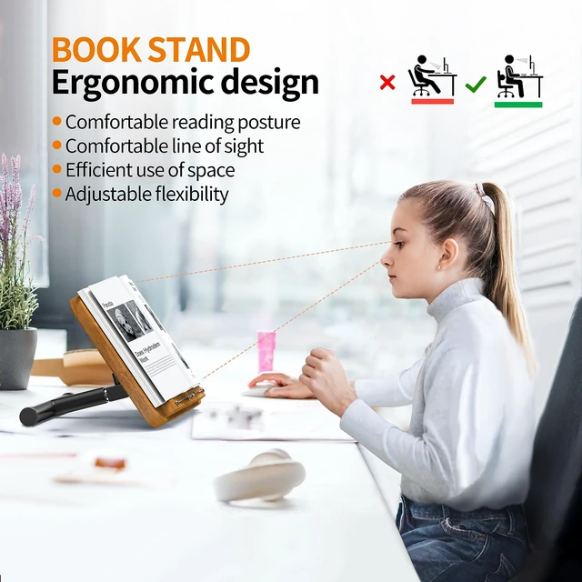Alt view image 5 of 6 - 2-in-1 Dual-use Floor & Desktop Book Stand, 100% Solid Wood, Height Adjustable from 16.5" to 51", Floor Reading Stand with Page Clip for Cookbooks, Sheet Music, Projector (with a T-Shaped)