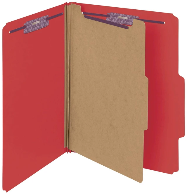 Main image of Pressboard Classification File Folder with SafeSHIELD Fasteners, 1 Divider, 2" Expansion, Letter Size, Bright Red, 10 per Box (13731) (Pack of 1)