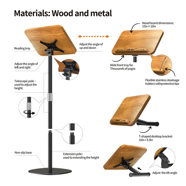 Alt view image 6 of 6 - 2-in-1 Dual-use Floor & Desktop Book Stand, 100% Solid Wood, Height Adjustable from 16.5" to 51", Floor Reading Stand with Page Clip for Cookbooks, Sheet Music, Projector (with a T-Shaped)