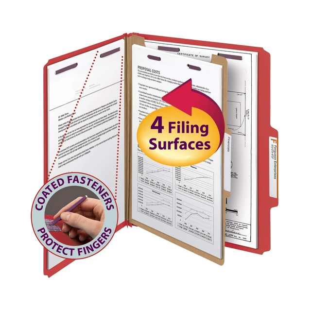 Alt view image 2 of 7 - Pressboard Classification File Folder with SafeSHIELD Fasteners, 1 Divider, 2" Expansion, Letter Size, Bright Red, 10 per Box (13731) (Pack of 1)