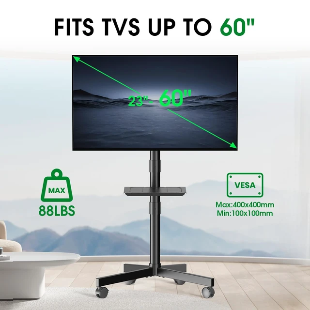 Alt view image 6 of 7 - Rolling TV Stand, Portable TV Cart with Wheels/Shelf for 23-60 Inch, Black Tilt/Height Adjustable Mobile TV Stand Up to 88lbs, Movable TV Stand for Bedroom, Living Room, Outdoor, Max VESA 400x400mm