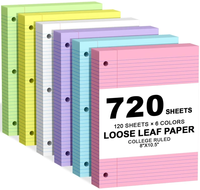 Main image of 720 Sheets Loose Leaf Paper College Ruled, 8x10.5 Colored Notebook Paper 3 Hole Punched Lined Paper, 3 Ring Binders Notepad, 10-1/2" X 8 Filler Notebook Paper, Writing Paper Pads, School Supplies