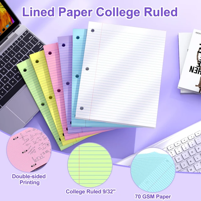 Alt view image 3 of 7 - 720 Sheets Loose Leaf Paper College Ruled, 8x10.5 Colored Notebook Paper 3 Hole Punched Lined Paper, 3 Ring Binders Notepad, 10-1/2" X 8 Filler Notebook Paper, Writing Paper Pads, School Supplies