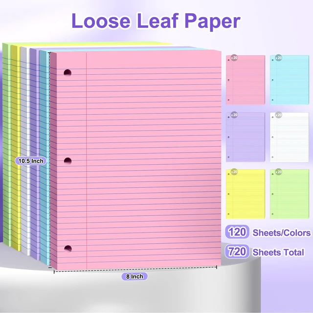 Alt view image 2 of 7 - 720 Sheets Loose Leaf Paper College Ruled, 8x10.5 Colored Notebook Paper 3 Hole Punched Lined Paper, 3 Ring Binders Notepad, 10-1/2" X 8 Filler Notebook Paper, Writing Paper Pads, School Supplies