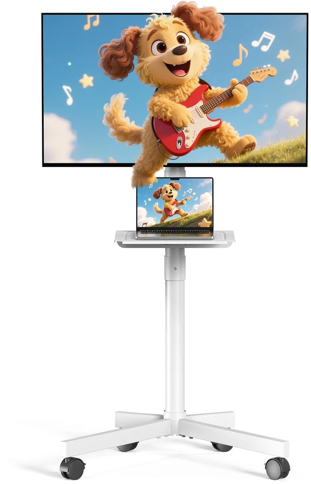 Main image of Rolling TV Stand, Portable TV Cart with Wheels/Shelf for 23-60 Inch, White Tilt/Height Adjustable Mobile TV Stand Up to 88lbs, Movable TV Stand for Bedroom, Living Room, Outdoor, Max VESA 400x400mm