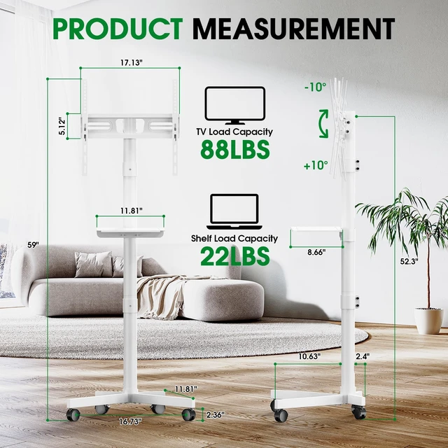 Alt view image 2 of 7 - Rolling TV Stand, Portable TV Cart with Wheels/Shelf for 23-60 Inch, White Tilt/Height Adjustable Mobile TV Stand Up to 88lbs, Movable TV Stand for Bedroom, Living Room, Outdoor, Max VESA 400x400mm