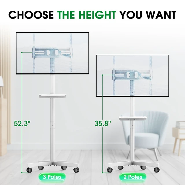 Alt view image 3 of 7 - Rolling TV Stand, Portable TV Cart with Wheels/Shelf for 23-60 Inch, White Tilt/Height Adjustable Mobile TV Stand Up to 88lbs, Movable TV Stand for Bedroom, Living Room, Outdoor, Max VESA 400x400mm