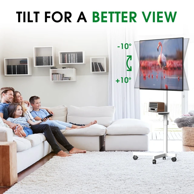 Alt view image 5 of 7 - Rolling TV Stand, Portable TV Cart with Wheels/Shelf for 23-60 Inch, White Tilt/Height Adjustable Mobile TV Stand Up to 88lbs, Movable TV Stand for Bedroom, Living Room, Outdoor, Max VESA 400x400mm