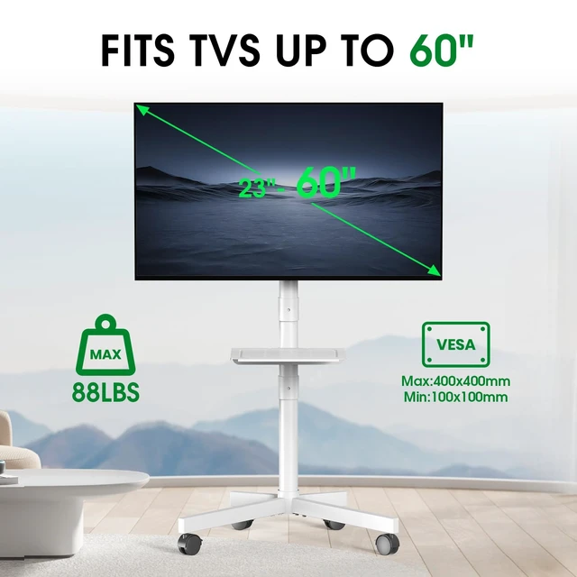 Alt view image 6 of 7 - Rolling TV Stand, Portable TV Cart with Wheels/Shelf for 23-60 Inch, White Tilt/Height Adjustable Mobile TV Stand Up to 88lbs, Movable TV Stand for Bedroom, Living Room, Outdoor, Max VESA 400x400mm
