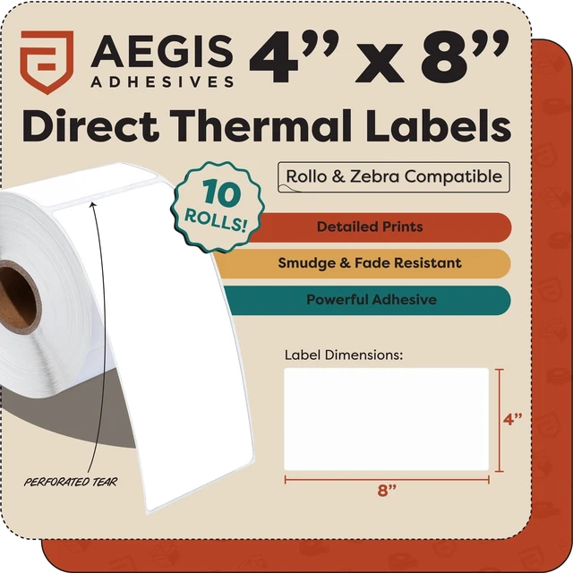 Alt view image 2 of 7 - 4" X 8" Direct Thermal Labels (2000 Count, 10 Rolls) - Large Shipping and Barcode Labels, Thermal Sticker Roll for Warehouse and Freight - Compatible With Zebra and Rollo Printers