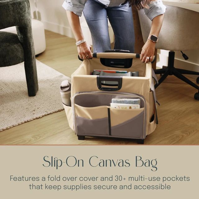 Alt view image 4 of 7 - Folding Mobile Utility Cart, Canvas Organizer Bag, Chocolate/Sand Durable plastic, 30 compartments, adjustable handle, 40 lb capacity, collapses to 3" thick, rolling wheels for easy transport