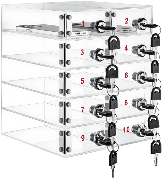 Main image of 10 Slots Cell Phone Locker Box for Classroom School Office Factory Clear Acrylic Cell Phone Storage Cabinet Bin with Door Locks for Classroom School Students Office Factory Employees