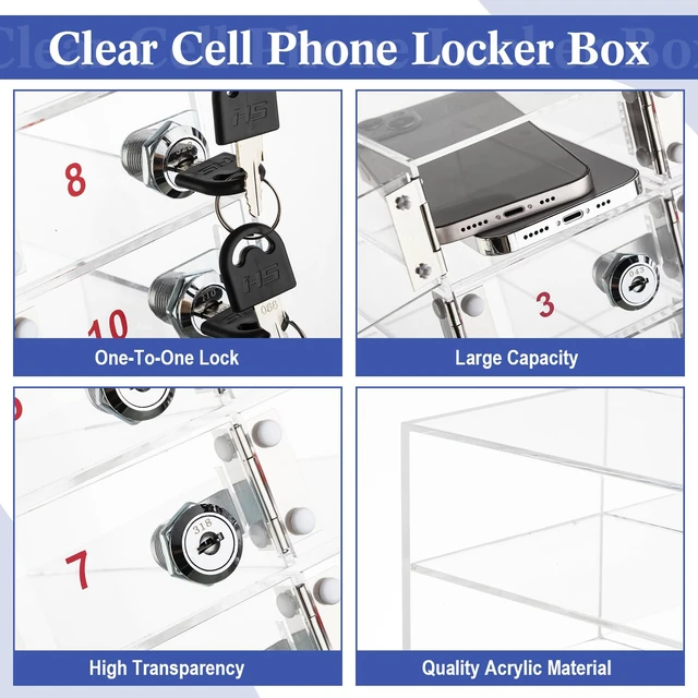 Alt view image 4 of 7 - 10 Slots Cell Phone Locker Box for Classroom School Office Factory Clear Acrylic Cell Phone Storage Cabinet Bin with Door Locks for Classroom School Students Office Factory Employees