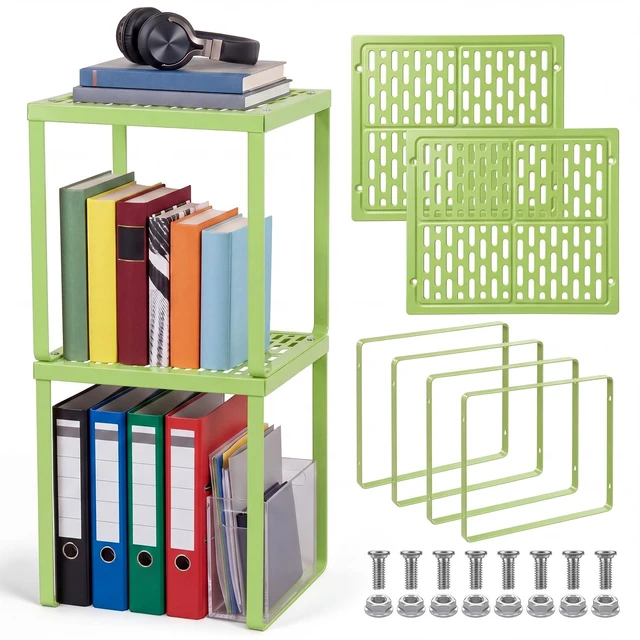 Main image of 2 Pcs Metal Locker Organizer Shelf Stackable 2-Tier, Light Green Fits Standard School Office Gym Lockers, Sturdy Build, Open Grid Design for Visibility, 11x10x12 Inch Size, Hardware Included