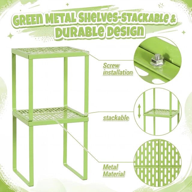 Alt view image 4 of 7 - 2 Pcs Metal Locker Organizer Shelf Stackable 2-Tier, Light Green Fits Standard School Office Gym Lockers, Sturdy Build, Open Grid Design for Visibility, 11x10x12 Inch Size, Hardware Included