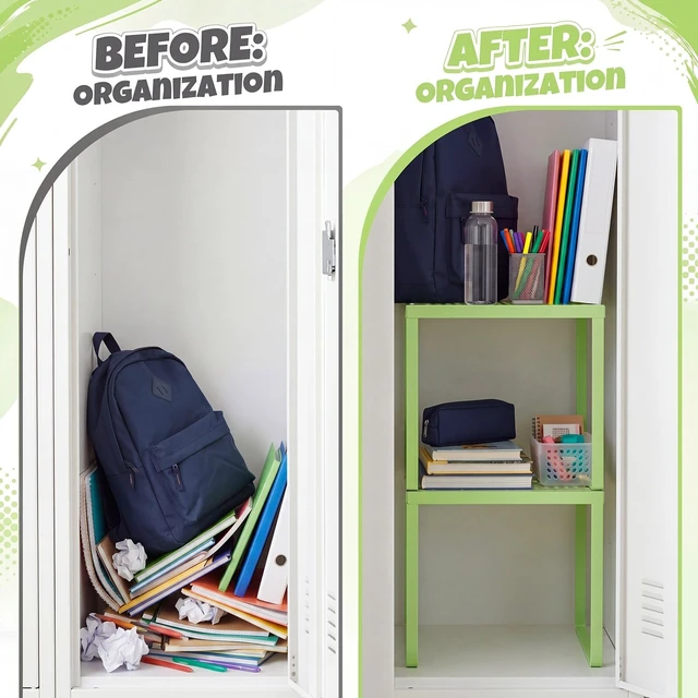 Alt view image 5 of 7 - 2 Pcs Metal Locker Organizer Shelf Stackable 2-Tier, Light Green Fits Standard School Office Gym Lockers, Sturdy Build, Open Grid Design for Visibility, 11x10x12 Inch Size, Hardware Included