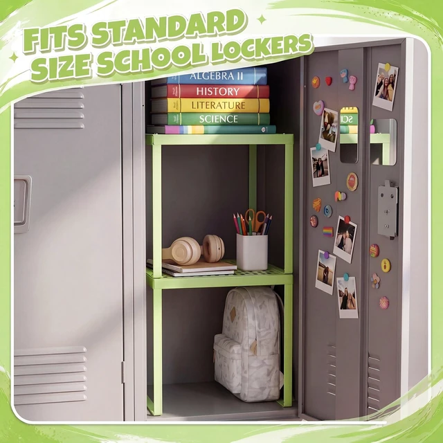 Alt view image 6 of 7 - 2 Pcs Metal Locker Organizer Shelf Stackable 2-Tier, Light Green Fits Standard School Office Gym Lockers, Sturdy Build, Open Grid Design for Visibility, 11x10x12 Inch Size, Hardware Included