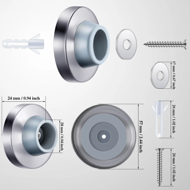 Alt view image 2 of 7 - 50 Pieces Wall Door Stop Bumper Stainless Steel Wall Stops, Silver Wall Mounted Stoppers, with 1-1/8 Inch Round Concave Rubber Protector Stops, for Commercial Residential Doors