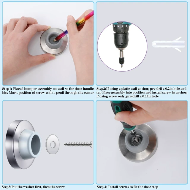 Alt view image 3 of 7 - 50 Pieces Wall Door Stop Bumper Stainless Steel Wall Stops, Silver Wall Mounted Stoppers, with 1-1/8 Inch Round Concave Rubber Protector Stops, for Commercial Residential Doors