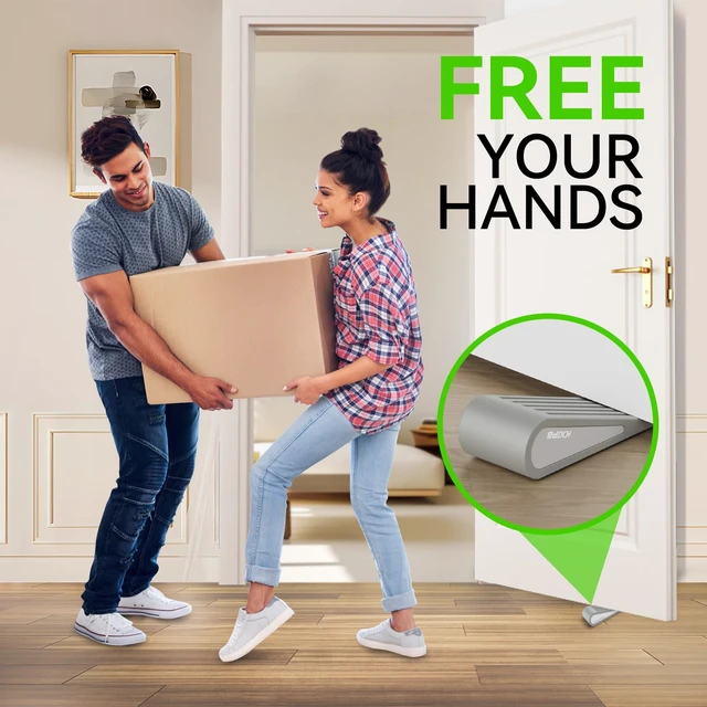 Alt view image 3 of 7 - 4 Pack Rubber Door Stopper Wedge - Grey Non-Slip Soft TPR High-Elastic & Zinc Alloy Metal Material Door Stops for Bottom of Heavy Duty Door Wall Protector for Home & School with Self Adhesive Holder