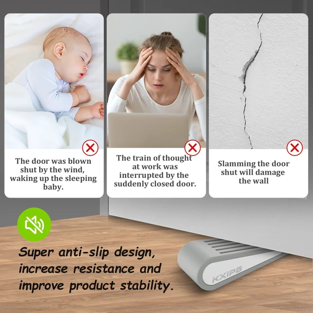 Alt view image 4 of 7 - 4 Pack Rubber Door Stopper Wedge - Grey Non-Slip Soft TPR High-Elastic & Zinc Alloy Metal Material Door Stops for Bottom of Heavy Duty Door Wall Protector for Home & School with Self Adhesive Holder