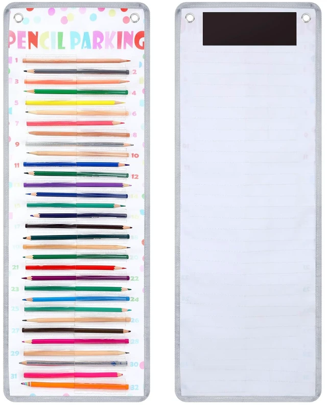 Main image of Pencil Parking Pocket Chart, Classroom Wall Organizer, Colorful Dots Hanging Pencil Dispenser Holder, 32 Numbered Clear Slots, Magnetic Strip & Grommets, Student Back to School Supplies