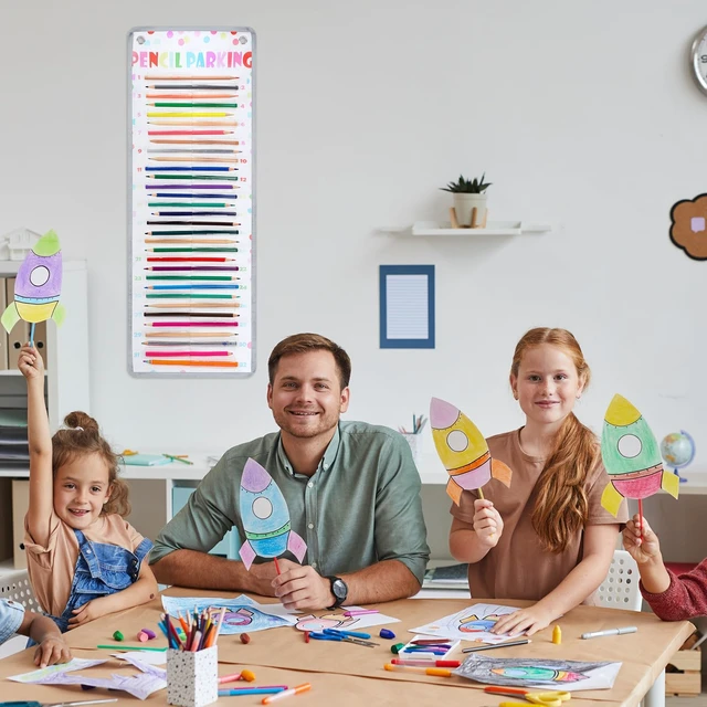 Alt view image 5 of 7 - Pencil Parking Pocket Chart, Classroom Wall Organizer, Colorful Dots Hanging Pencil Dispenser Holder, 32 Numbered Clear Slots, Magnetic Strip & Grommets, Student Back to School Supplies