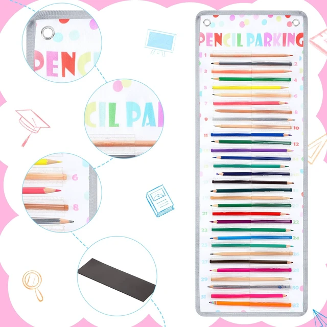 Alt view image 4 of 7 - Pencil Parking Pocket Chart, Classroom Wall Organizer, Colorful Dots Hanging Pencil Dispenser Holder, 32 Numbered Clear Slots, Magnetic Strip & Grommets, Student Back to School Supplies