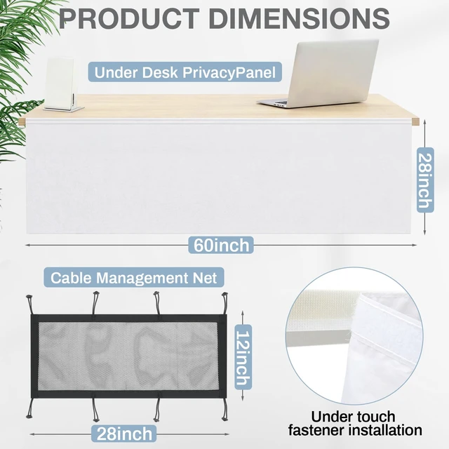 Alt view image 2 of 6 - 60'' Under Desk Privacy Panel Self Adhesive Desk Curtain Skirt White with Cable Management Net, Oxford Fabric Modesty Panel for Standing Desks, Workstations & Home Offices