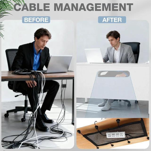 Alt view image 6 of 6 - 60'' Under Desk Privacy Panel Self Adhesive Desk Curtain Skirt White with Cable Management Net, Oxford Fabric Modesty Panel for Standing Desks, Workstations & Home Offices