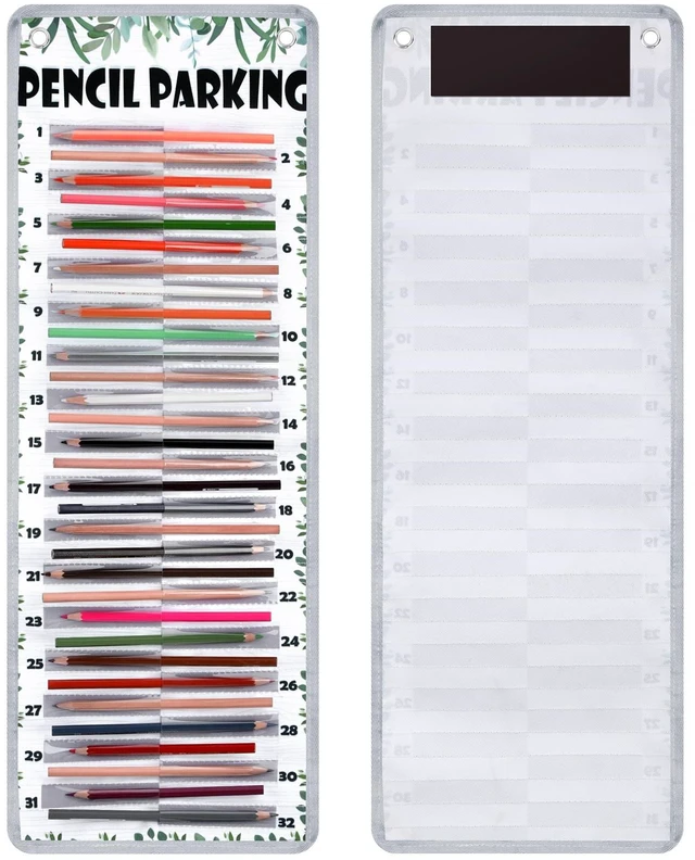 Main image of Pencil Parking Pocket Chart, Classroom Wall Organizer, Fresh Hanging Pencil Dispenser Holder, 32 Numbered Clear Slots, Magnetic Strip & Grommets, Student Back to School Supplies