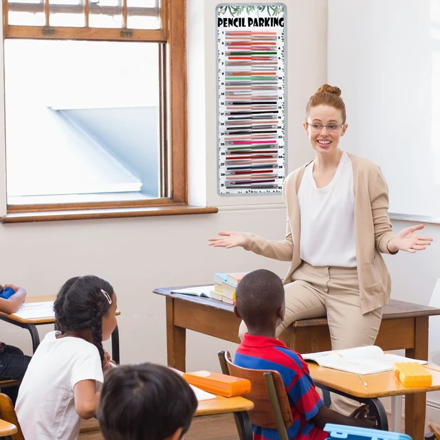 Alt view image 2 of 7 - Pencil Parking Pocket Chart, Classroom Wall Organizer, Fresh Hanging Pencil Dispenser Holder, 32 Numbered Clear Slots, Magnetic Strip & Grommets, Student Back to School Supplies