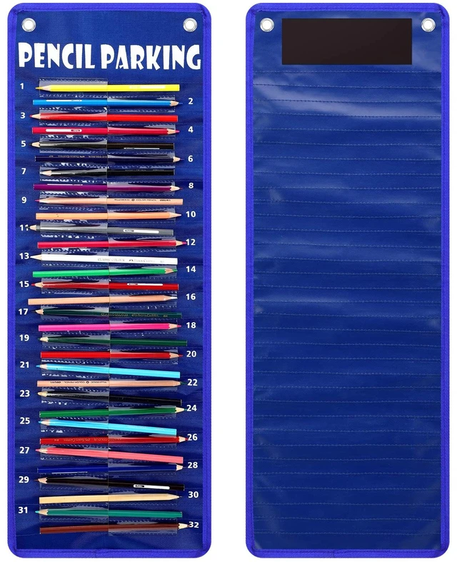 Main image of Pencil Parking Pocket Chart, Classroom Wall Organizer, Simple Hanging Pencil Dispenser Holder, 32 Numbered Clear Slots, Magnetic Strip & Grommets, Student Back to School Supplies