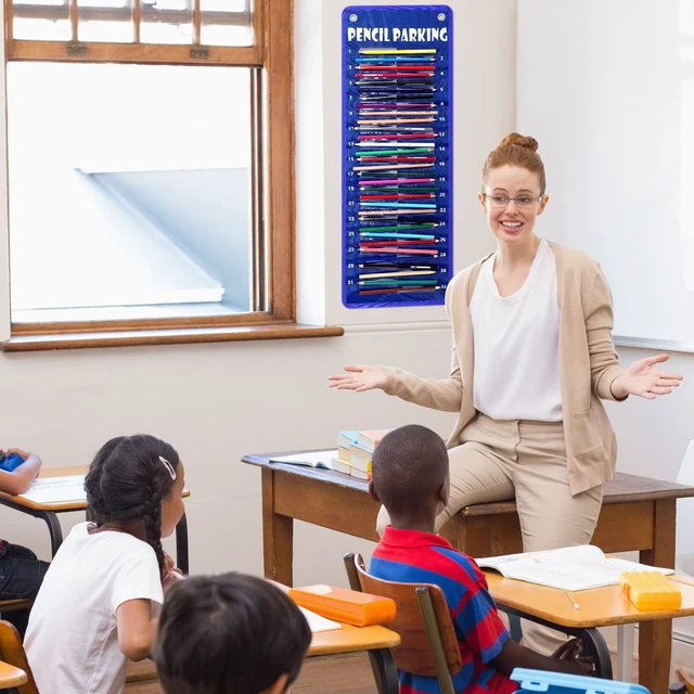 Alt view image 2 of 6 - Pencil Parking Pocket Chart, Classroom Wall Organizer, Simple Hanging Pencil Dispenser Holder, 32 Numbered Clear Slots, Magnetic Strip & Grommets, Student Back to School Supplies