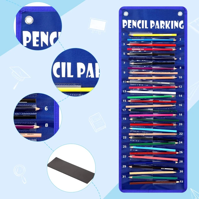 Alt view image 3 of 6 - Pencil Parking Pocket Chart, Classroom Wall Organizer, Simple Hanging Pencil Dispenser Holder, 32 Numbered Clear Slots, Magnetic Strip & Grommets, Student Back to School Supplies