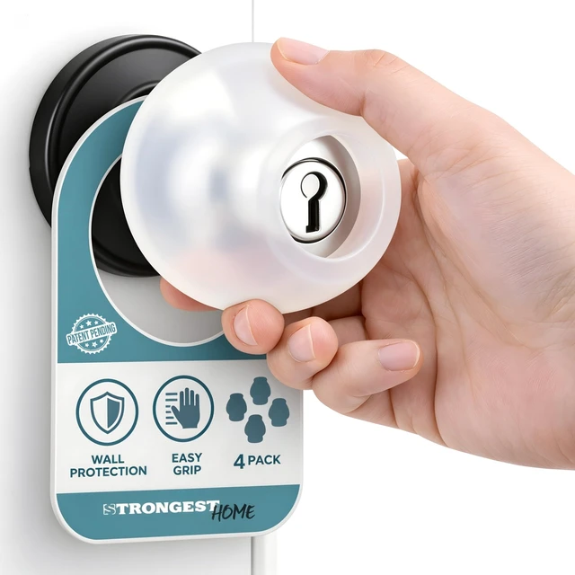Main image of Clear Silicone Door Knob Cover & Wall Protector Soft Rubber Handle Grip for Arthritis Support and Quiet Damage Prevention (4 Pack)