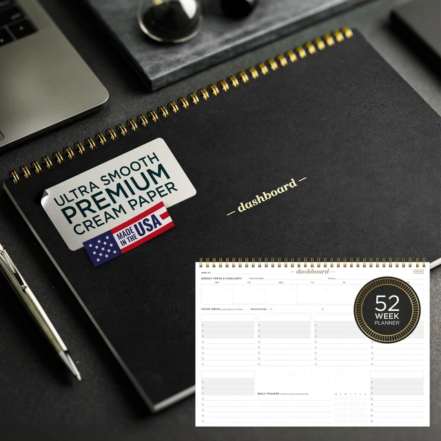 Main image of Dashboard Spiral Deskpad Undated Weekly Planner Notepad w/ 52 Undated Sheets, Premium Productivity Planner, Minimalist Weekly to do List for Work & Study A4 Size, Black - Made in the USA