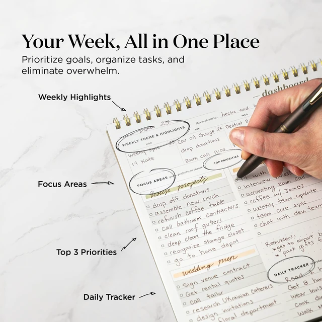 Alt view image 3 of 7 - Dashboard Spiral Deskpad Undated Weekly Planner Notepad w/ 52 Undated Sheets, Premium Productivity Planner, Minimalist Weekly to do List for Work & Study A4 Size, Navy - Made in the USA