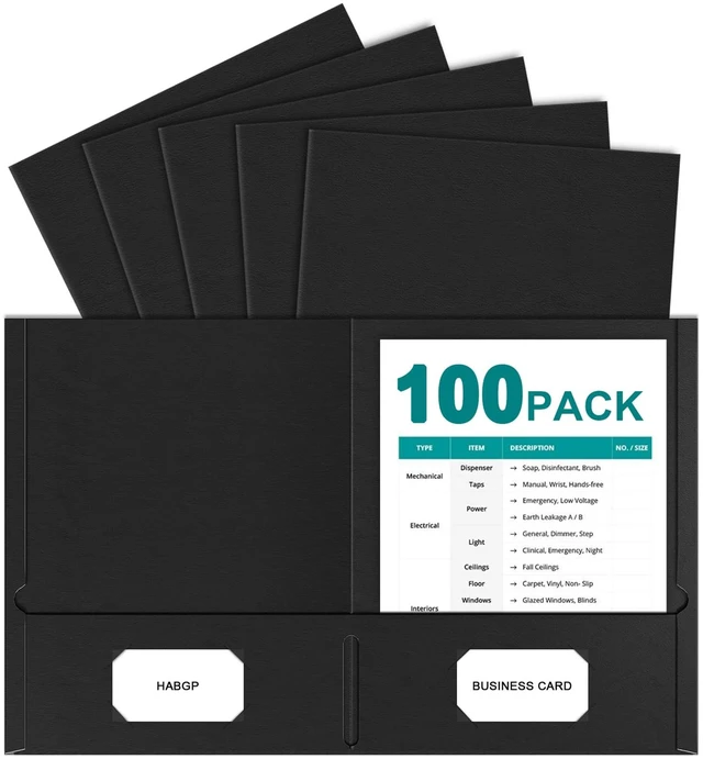 Main image of 2 Pocket Folders, 100 Pack, Black Paper File Folders with Pockets Two Pocket Folders, Fit Letter Size Paper, for School, Office, Home, Business