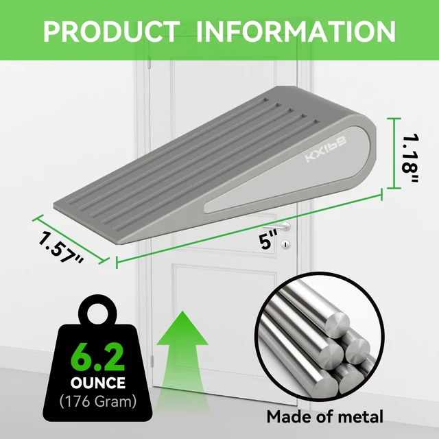 Alt view image 2 of 7 - 4 Pack Rubber Door Stopper Wedge - Grey Non-Slip Soft TPR High-Elastic & Zinc Alloy Metal Material Door Stops for Bottom of Heavy Duty Door Wall Protector for Home & School with Self Adhesive Holder