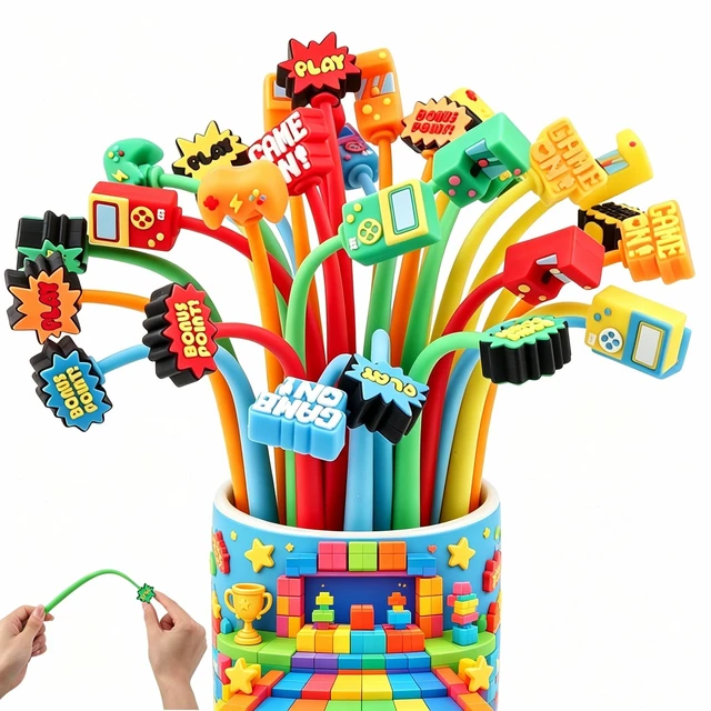 Main image of 30 PCS Video Game Party Favors, Cute Pens Game Gifts Black ink, soft silicone toppers, Prize kids for classroom rewards, boy birthday party favors