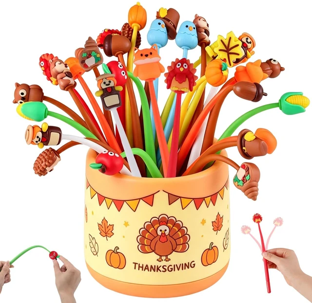 Main image of 30 PCS Pens Fun Fall Pens Bulk, Cute Autumn Thanksgiving Gift Black ink, Soft silicone toppers, Prize for kids classroom, Thanksgiving fall party favors stuffers