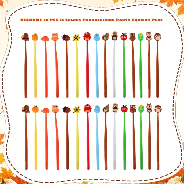 Alt view image 3 of 7 - 30 PCS Pens Fun Fall Pens Bulk, Cute Autumn Thanksgiving Gift Black ink, Soft silicone toppers, Prize for kids classroom, Thanksgiving fall party favors stuffers