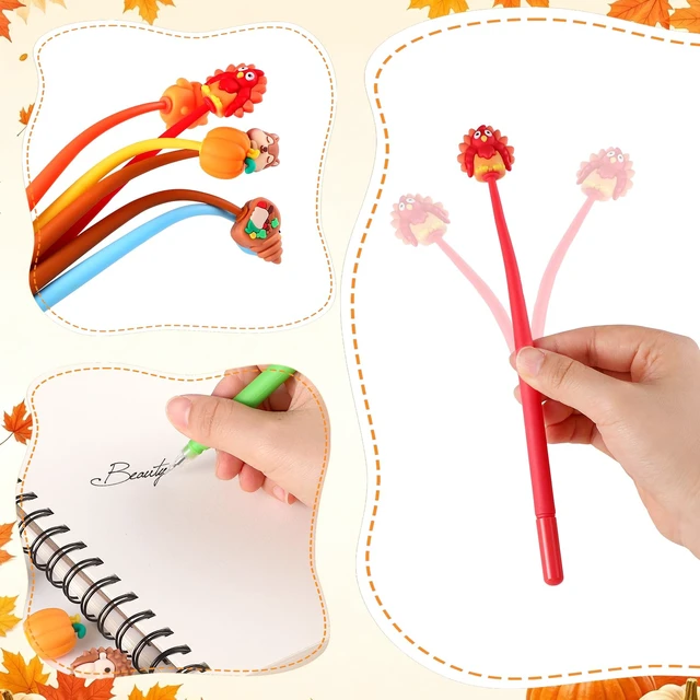 Alt view image 4 of 7 - 30 PCS Pens Fun Fall Pens Bulk, Cute Autumn Thanksgiving Gift Black ink, Soft silicone toppers, Prize for kids classroom, Thanksgiving fall party favors stuffers