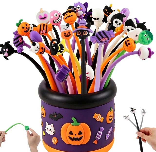 Main image of 30 PCS Halloween Fun Pens, Cute Pens Gifts Bulk Black ink, soft silicone toppers, Halloween goodie bags stuffer, Prize kids for classroom rewards