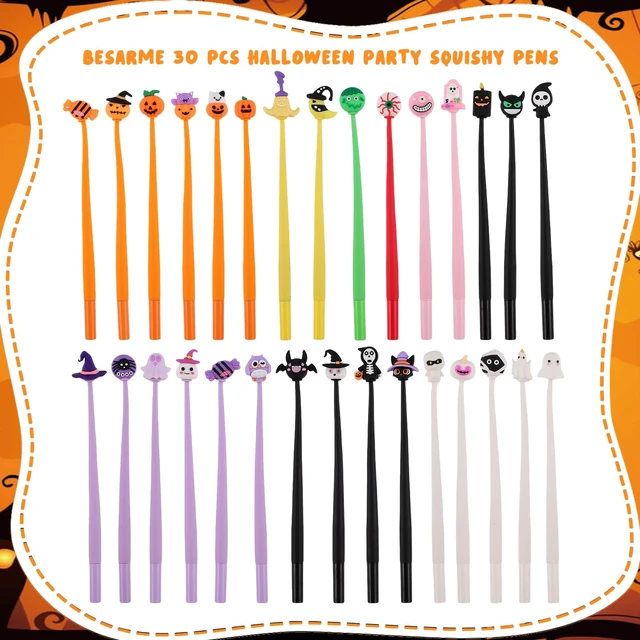 Alt view image 3 of 7 - 30 PCS Halloween Fun Pens, Cute Pens Gifts Bulk Black ink, soft silicone toppers, Halloween goodie bags stuffer, Prize kids for classroom rewards